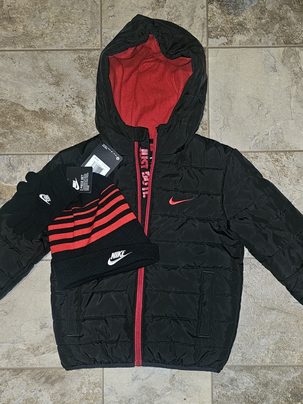 Nike Black Jacket with Red Lining and Red-Accent Beanie